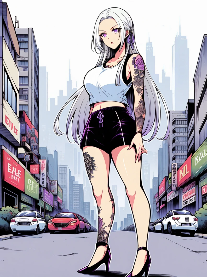 t4ts, tattoos, tattoo, 1girl, Edelgard von hresvelg, white hair, tank top, booty shorts, high heels, purple eyes, standing, city background, crop top, large breasts