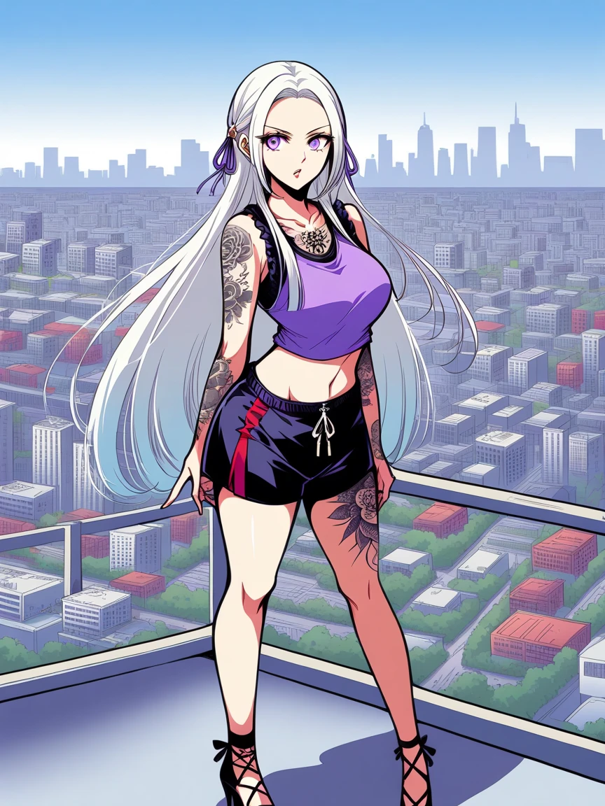 t4ts, tattoos, tattoo, 1girl, Edelgard von hresvelg, white hair, tank top, booty shorts, high heels, purple eyes, standing, city background, crop top, large breasts