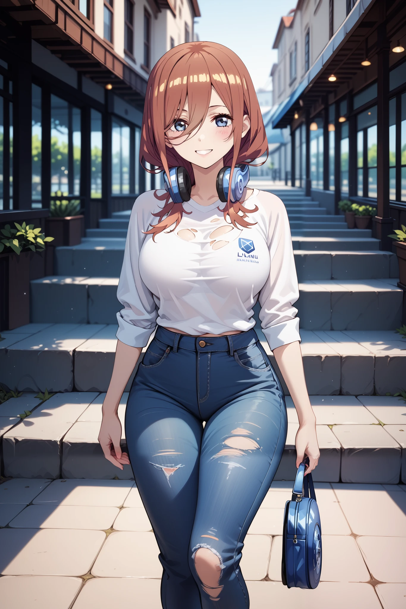 best quality, masterpiece, highres, 1girl,miku nakano,((fullbody)),stand up,(( slim body)),long legs,smile,large breasts,white tshirt,ripped short jeans,looking at viewers,front look,(high detailed skin:1.2), 8k uhd, dslr, soft lighting, high quality, Photograph, high resolution, 4k, 8k, Bokeh, plain white background