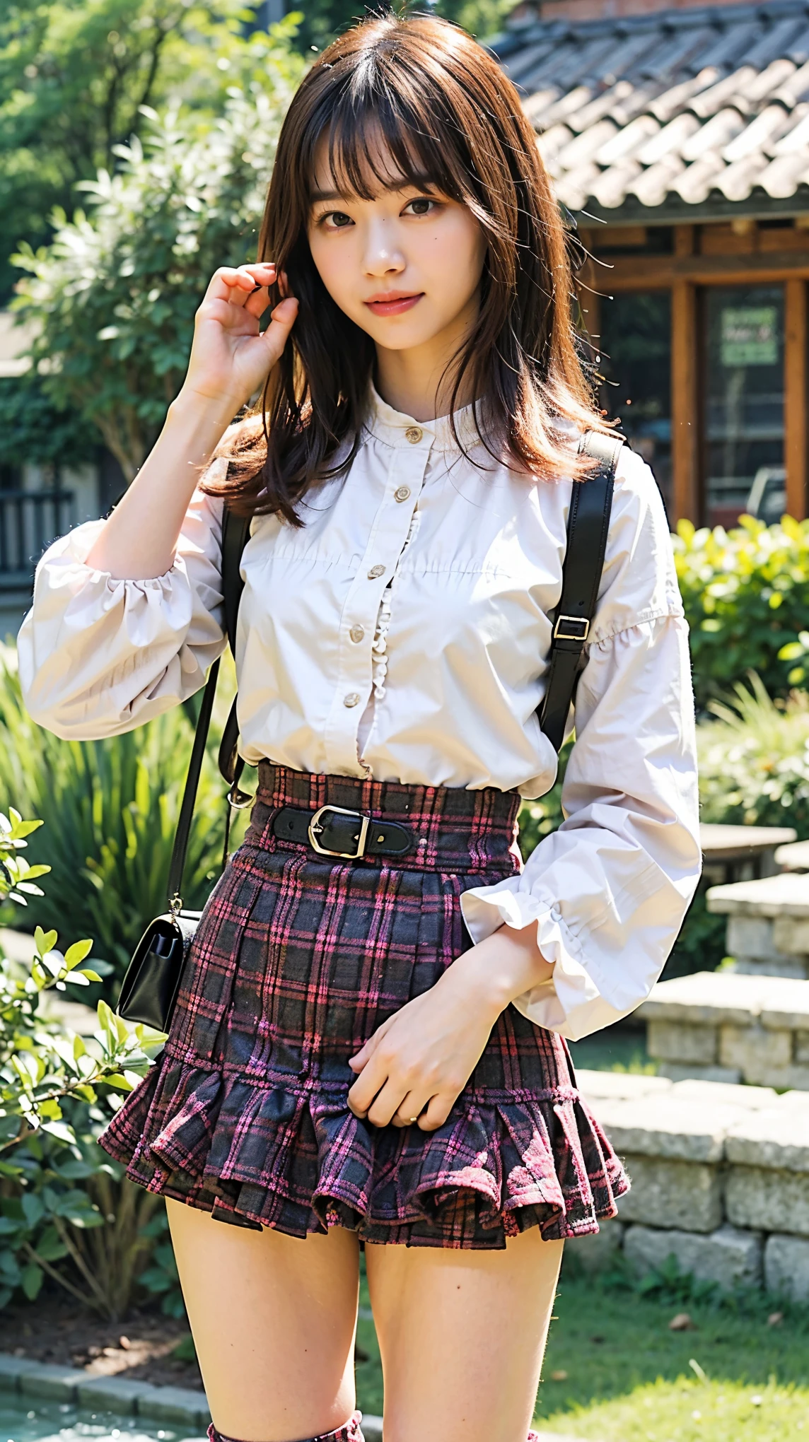 (8k、 RAW photo、 top quality、 masterpiece :1.2)、( realistic 、 realistic )、 1 girl、(( pink and black plaid mini skirt 、smile、frills、 tentacles that removed the silver-haired white man 、 dress、whole body、 see-through、 boots、Chest enhancement、whole body、garden、View from the front、 staring at the camera 、 stand with your hands on your hips ))、