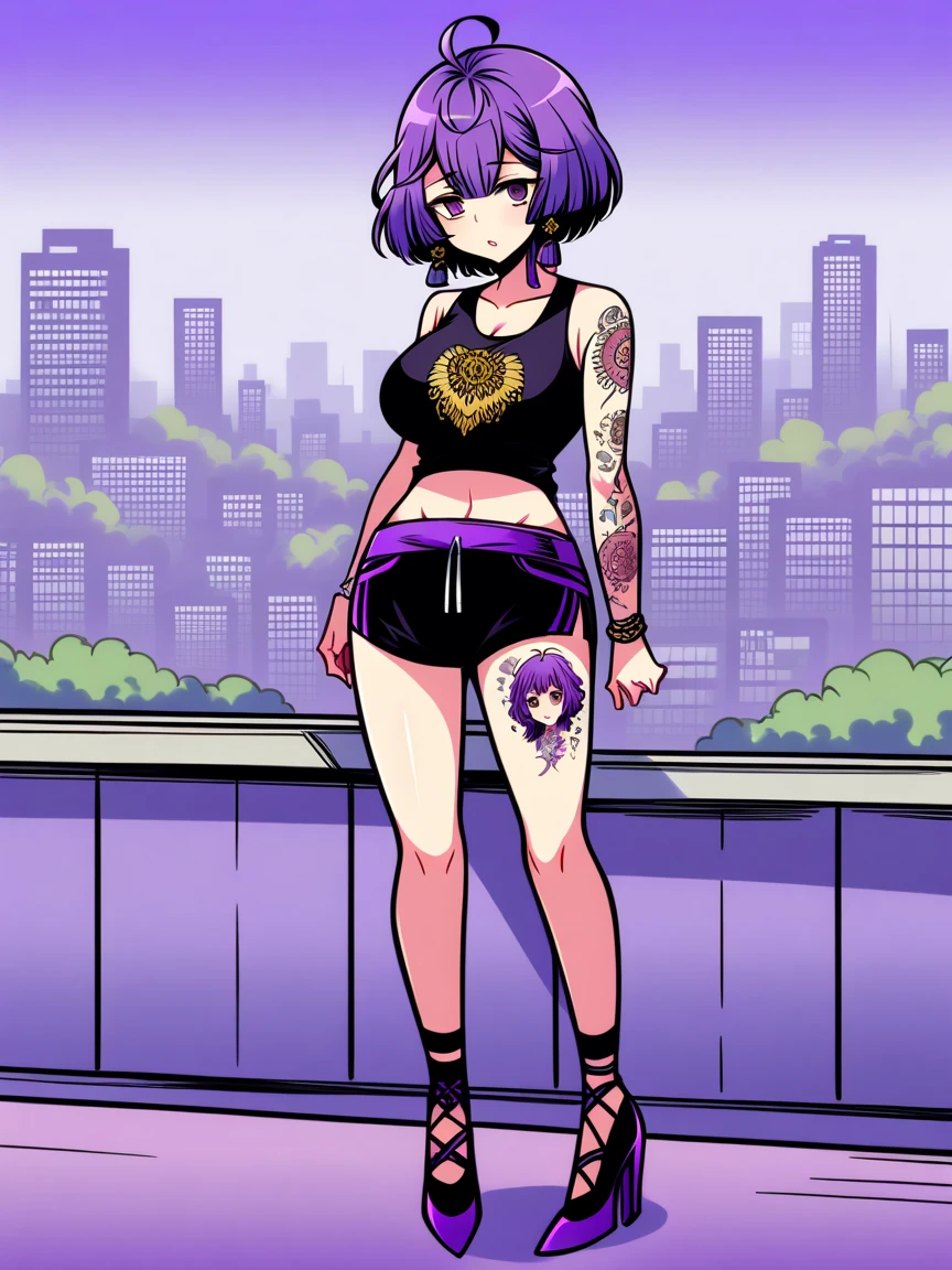 t4ts, tattoos, tattoo, 1girl, Bernadetta von Varley, purple hair, tank top, booty shorts, high heels, purple eyes, standing, city background, crop top, large breasts