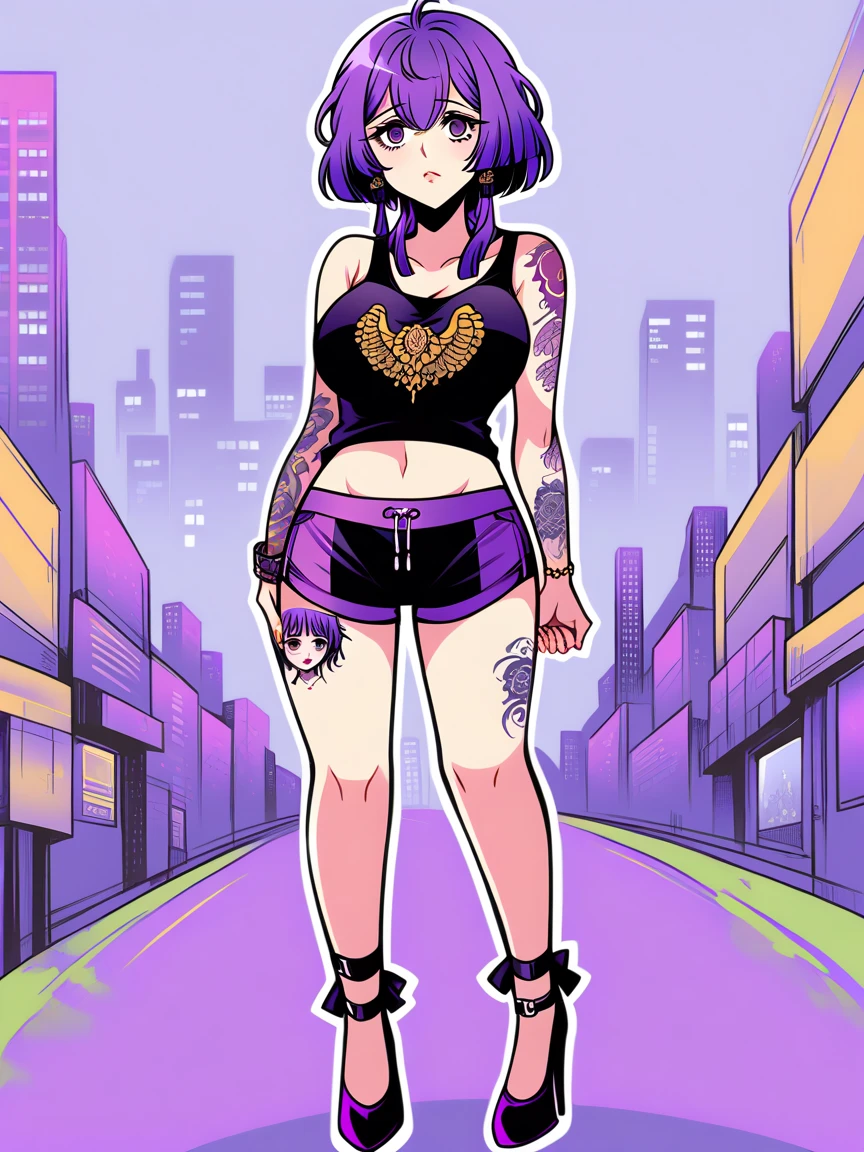 t4ts, tattoos, tattoo, 1girl, Bernadetta von Varley, purple hair, tank top, booty shorts, high heels, purple eyes, standing, city background, crop top, large breasts