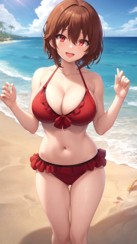 masterpiece, best quality, high quality, girl, solo, looking at viewer, keyaru_kaifuku_jutsushi, brown hair, red eyes, hair between eyes, large breasts, frilled bikini, beach, standing, smile, open mouth,