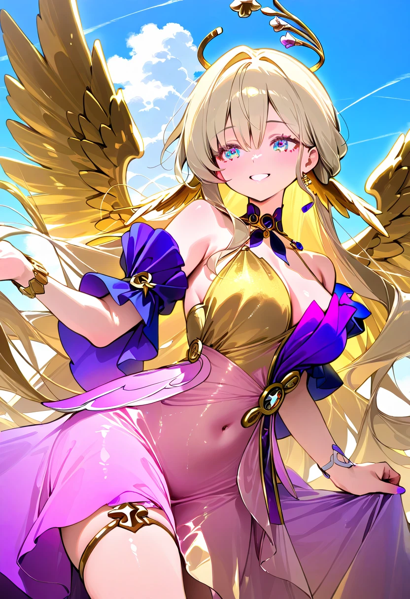 score_9,score_8_up,score_7_up,1girl,robin_\(honkai:_star_rail\),head_golden wings,bare_shoulders, gold jewelry,bangles, long dress, bracelet,skirt, gold navel,midriffe, large breasts shiny blonde hair, loose flowing gold silk chiffon gown, dsmile, dawn, blue sky, highly detailed, long lashes, shimmering, happy, serene, heavenly, detailed face, perfect eyes, masterpiece,best quality, amazing quality,very aesthetic,absurdres,newest, (negative_v2 Color_Balance_Calibration:0.8), (SuperQuality:1.0) ~ (SuperQuality:1.2)