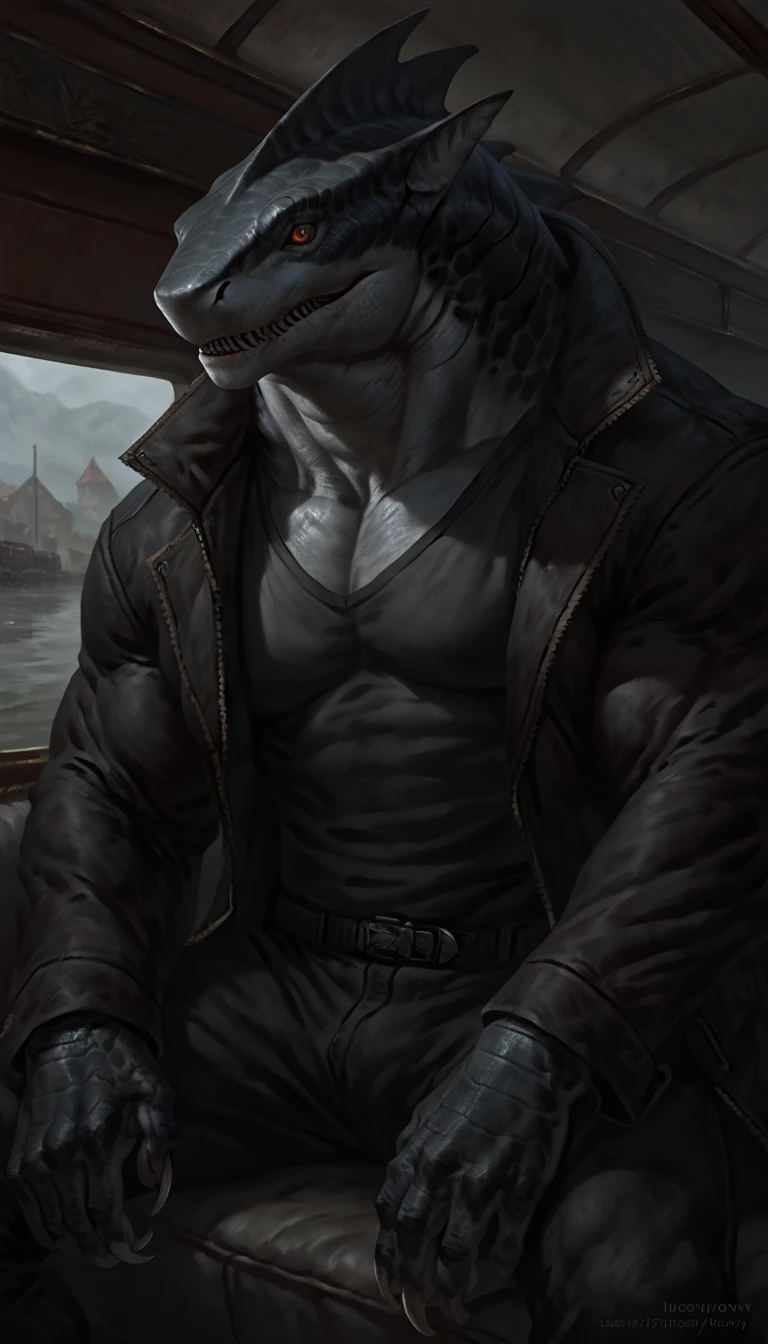 sharkfolk, anthro shark, solo, portrait, scaly, wearing jacket with black shirt, detailed gray skin, pants, experienced predator, monstrous, shark snout, fins, yellow red heterochromia eyes, dark detailed body, matte body, toned, muscular anthro, bara, big muscles, masculine, 1male solo, anthro, muscular, thick neck, thick shark tail, marked jaw, train carriage scenery, sitting on a coach, horror, best quality, 4k, ultra-detailed, by laobai, by taran fiddler, by honovy