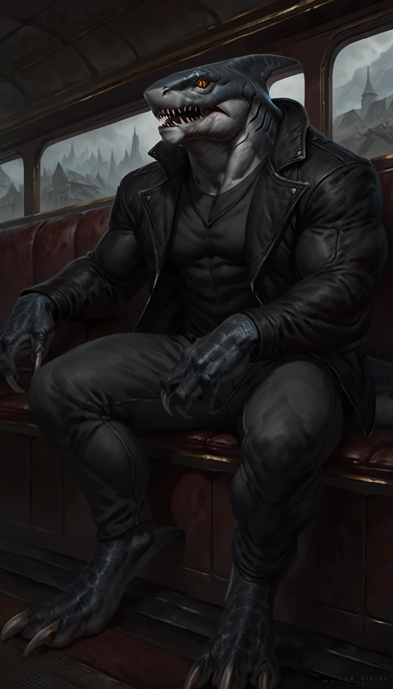 sharkfolk, anthro shark, solo, portrait, scaly, wearing jacket with black shirt, detailed gray skin, pants, experienced predator, monstrous, shark snout, fins, yellow red heterochromia eyes, dark detailed body, matte body, toned, muscular anthro, bara, big muscles, masculine, 1male solo, anthro, muscular, thick neck, thick shark tail, marked jaw, train carriage scenery, sitting on a coach, horror, best quality, 4k, ultra-detailed, by laobai, by taran fiddler, by honovy