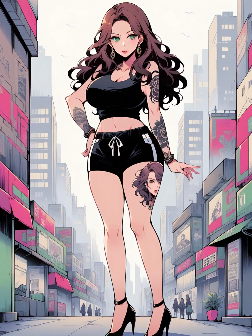 t4ts, tattoos, tattoo, 1girl, Dorothea Arnault, brown hair, tank top, booty shorts, high heels, green eyes, standing, city background, crop top, large breasts