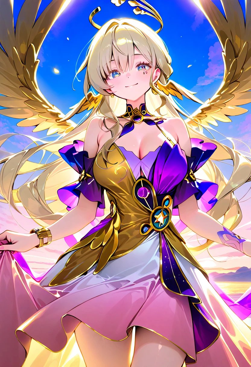 score_9,score_8_up,score_7_up,1girl,robin_\(honkai:_star_rail\),head_golden wings,bare_shoulders, gold jewelry,bangles, long dress, bracelet,skirt, gold navel,midriffe, large breasts shiny blonde hair, loose flowing gold silk chiffon gown, dsmile, dawn, blue sky, highly detailed, long lashes, shimmering, happy, serene, heavenly, detailed face, perfect eyes, masterpiece,best quality, amazing quality,very aesthetic,absurdres,newest, (negative_v2 Color_Balance_Calibration:0.8), (SuperQuality:1.0) ~ (SuperQuality:1.2)
Waiting to start 
