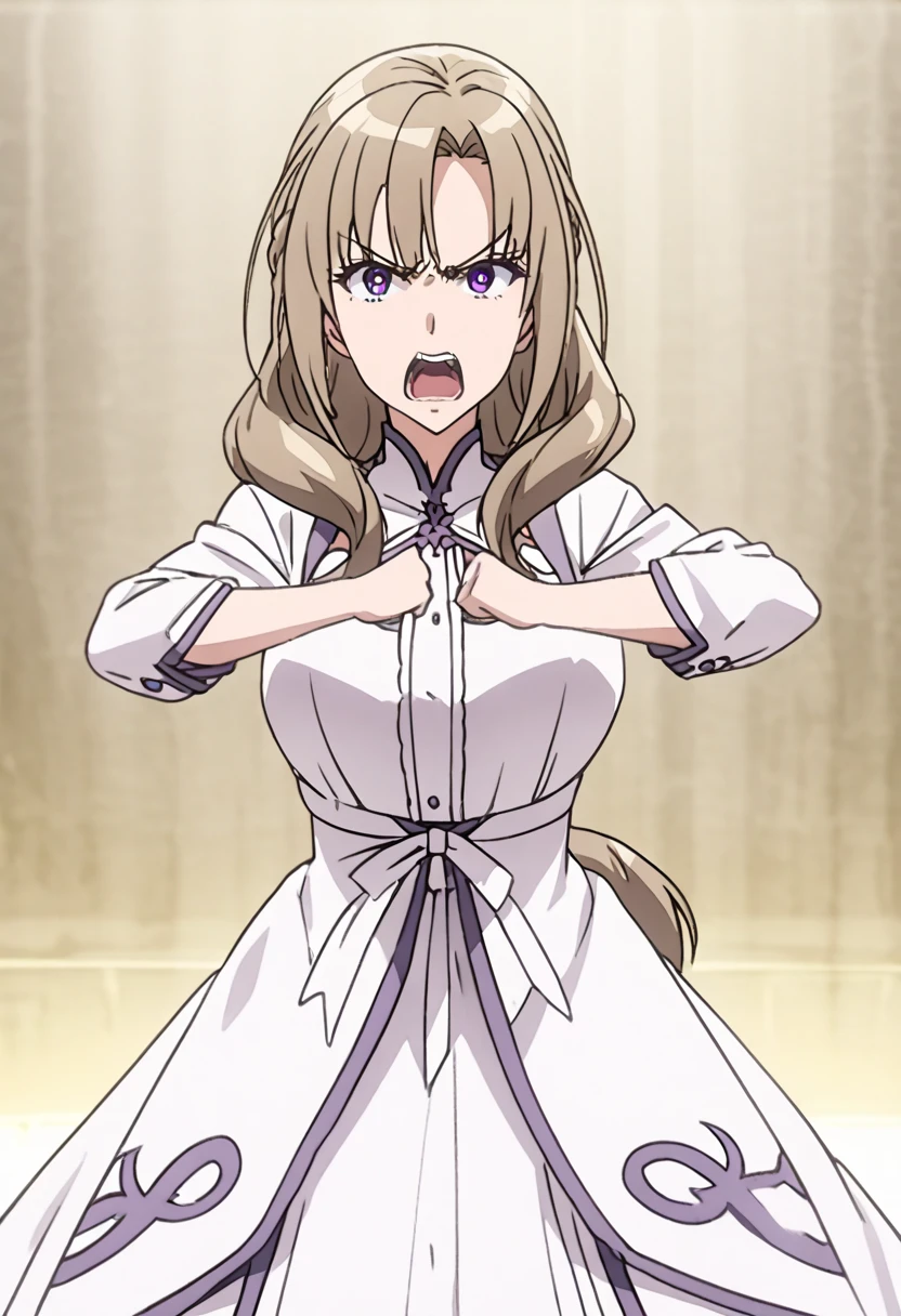 mature woman ,light brown side tail,purple eyes, white dress,angry, Clench her fists ,raise her arms