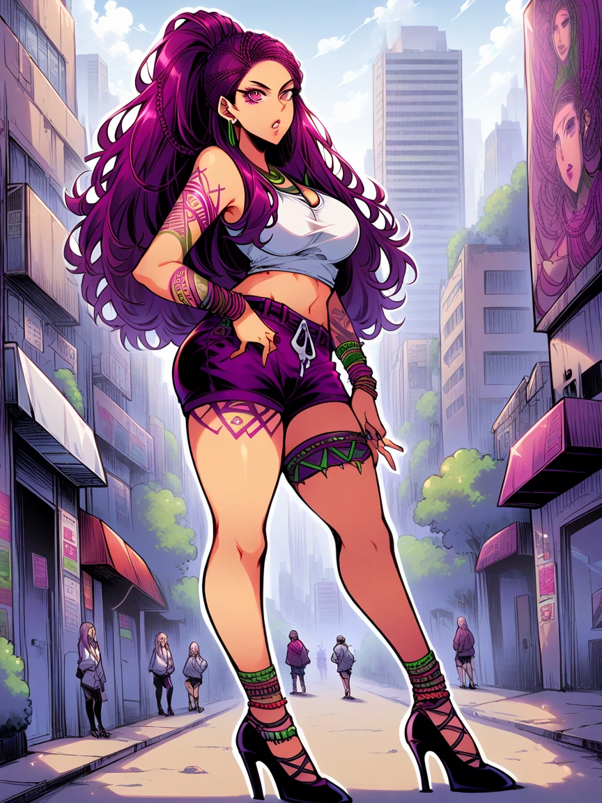 t4ts, tattoos, tattoo, 1girl, Petra MacNeary, burgundy hair, tank top, booty shorts, high heels, purple eyes, standing, city background, crop top, large breasts