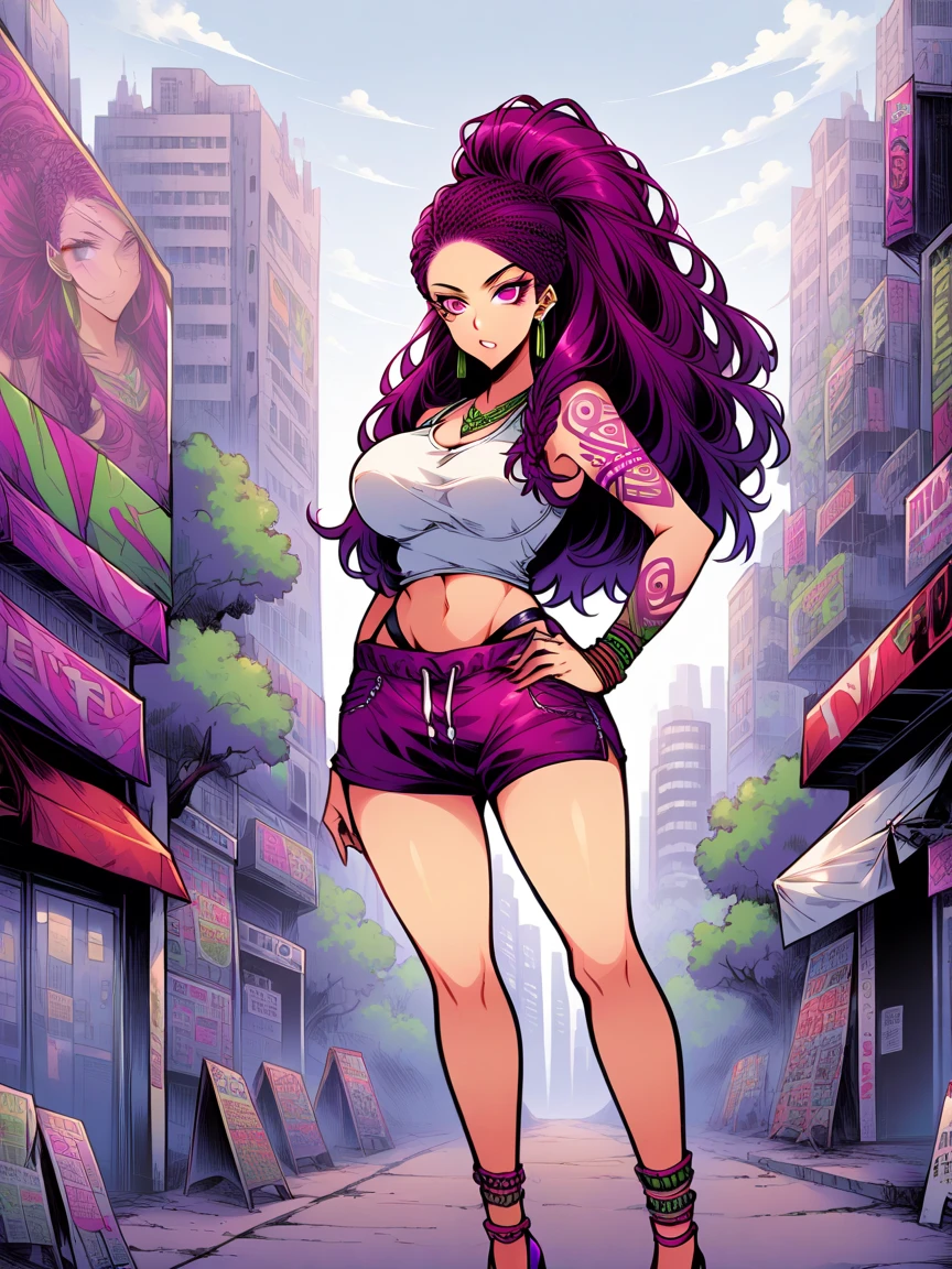 t4ts, tattoos, tattoo, 1girl, Petra MacNeary, burgundy hair, tank top, booty shorts, high heels, purple eyes, standing, city background, crop top, large breasts