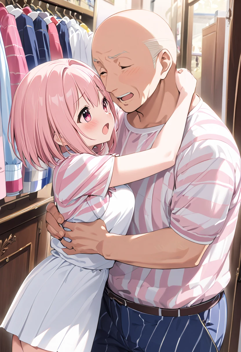  top quality、 anime painting、Round eyes 、 very young girl 、 very small breasts 、Long neck、Very thin body、Very slim legs、Glossy Light Pink Hair 、 、 short haired 、pink and white striped shirt 、 white miniskirt 、 and wears a white pouch over his shoulder、 apparel shop with clothes lined up、 1 middle-aged man、 hug、((Middle-aged man grabs girl's chest))、excited man、Open your hands、 open her mouth 、blush