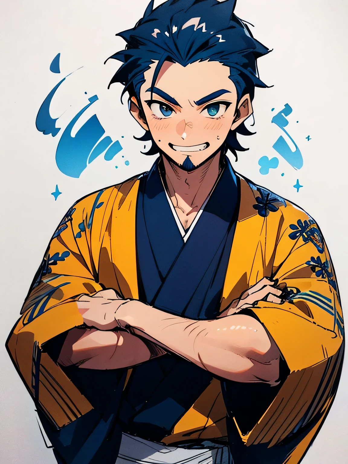 (looking at viewer:1.3), (male:1.3),upperbody,black spiky hair,sideshaved,(dark skin:1.2),big forehead, (stubble:1.2), male eyes, male nose, male mouth, muscle:0.6,(wearing male's gold decoration, traditional embroidery blue winter style M-YUKATA),crossed arms,grin,Pro Model Pose:1.3,（ I am the protagonist:1.3）、simple white background,(manga style),(sketch),(illustration),