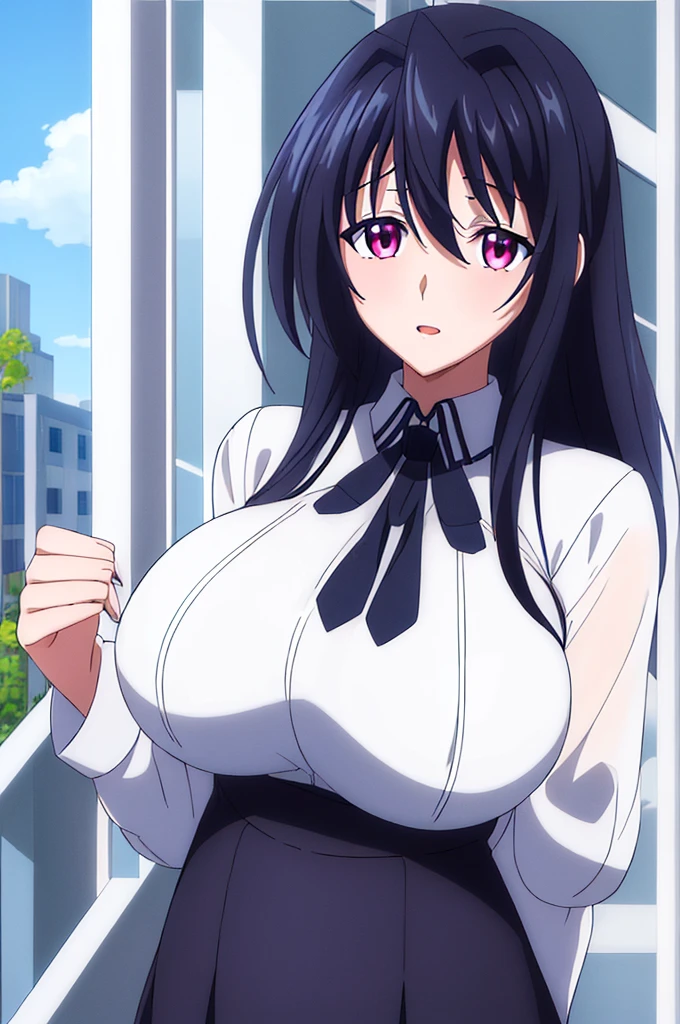 (day), at school,blue sky with clouds, 
(standing, firms),
negro_cable,negro neckwear,camisa blanca,_sleeves, sailor_collar, medium haired , school uniform ,
black hair,  pink eyes , hair muy largo,hair_between_eyes,collect,yellow_hair_Love,
 a girl, 20 years,young woman, beautiful Finger, beautiful long legs, beautiful  Body, beautiful Nose, beautiful character design,  Perfect Eyes, perfect face, expressive eyes ,
 looking at the spectator ,( superior _ Body),( Focus on her face ),
 official art ,imagen de fondo de pantalla de CG extremadamente detallada en 8K, perfect lighting,colorful,  round_forehead_rostro_ lighting ,piel  round, 
( masterpiece :1.0),(better_quality:1.0),  ultra high resolution ,4k, ultra detailed ,
 photograph, 8K, HDR-10, highres,  absurdres:1.2, Kodak portra 400, Film grain,  blurry background , bokeh:1.2, lens flare, (vibrant_color:1.2)
( beautiful,big_breasts:1.4), ( beautiful_rostro:1.5),(narrow_waist),