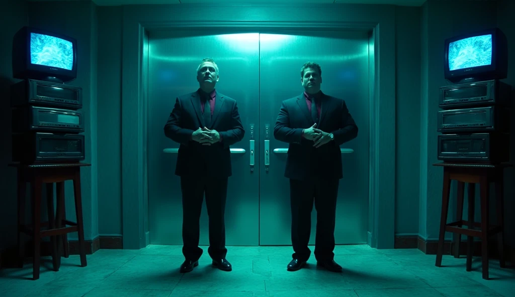 A cinematic front-facing shot captures two tall, broad-shouldered bouncers standing on either side of a heavy, polished steel double door with a reinforced frame. The bouncers wear tailored black suits over burgundy dress shirts, each shirt complemented by black silk ties and gold pocket squares. Their hands are clasped firmly in front of them, adopting a traditional "at ease" stance, exuding authority. The dim cyan backlighting highlights the sharp creases of their suits, while a faint haze in the air diffuses the light, creating a dramatic atmosphere. The hallway leading to the door is sleek, with polished marble floors reflecting the cyan glow, and stacked TVs mounted along the walls display flickering blue visuals, adding a hypnotic tension to the scene.