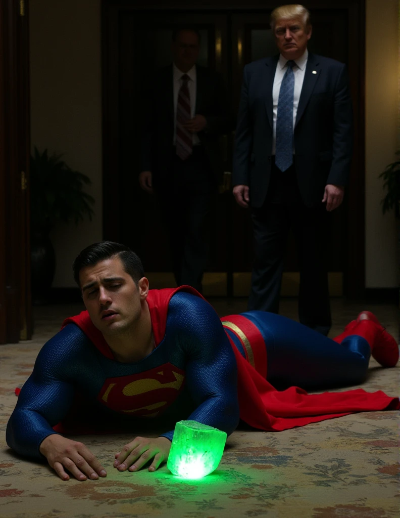 Superman is captured lying on the floor. He has short, slicked back hair. He has a well-defined jawline, he has a Sexy and pained expression, his eyes are closed, suggesting he is unconscious or incapacitated. Near him is a glowing green crystal, probably kryptonite, that emits a bright light.

A buff handsome man in a superman costume (think movie version of Superman-black undercut, blue tights and red cape and red boots and red briefs) .full body photo

The background creating a dramatic and intense atmosphere.  US President Trump in a dark suit can be partially seen observing the scene.