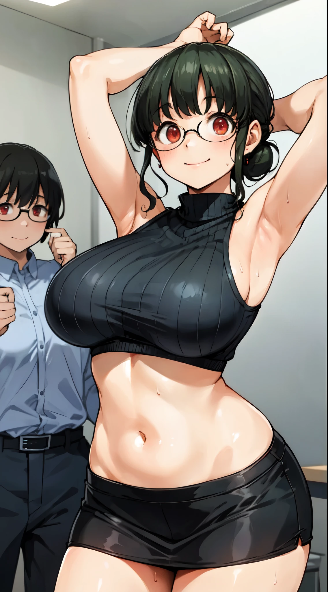    High Quality 、16k、((Big Breasts)), Plump、 split bangs , Suppressed,   short haired ,  Red eyes , black hair, ADULT WOMEN ,(Armpits、  hands behind their heads、Armpitsから蒸気),sweat、 hopeless、((smile))、赤いribbed sweater without sleeves、 black mini skirt、Glasses、  OFFICE ROOM