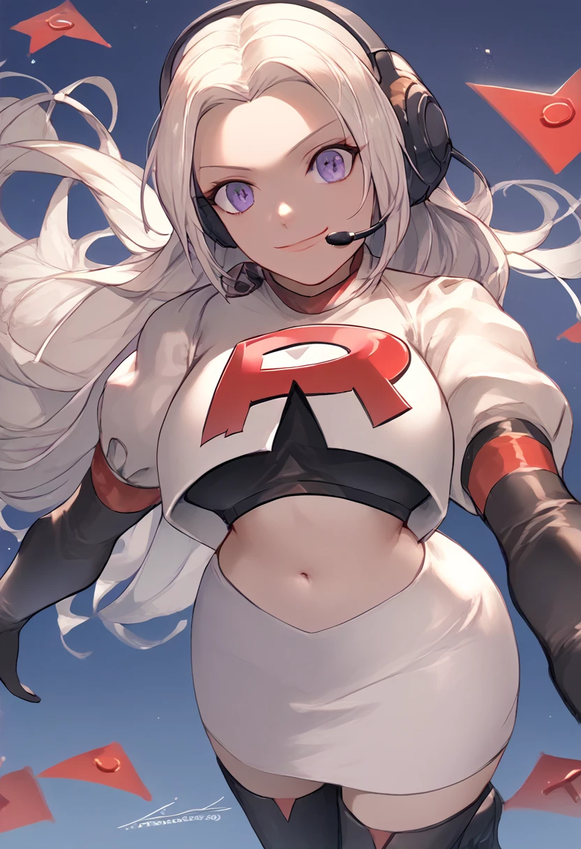 Team rocket, team rocket uniform, red letter R, white skirt,white crop top,black thigh-high boots, black elbow gloves, evil smile, night sky background, headset, large breasts, high-heeled boots, Edelgard, white hair, purple eyes