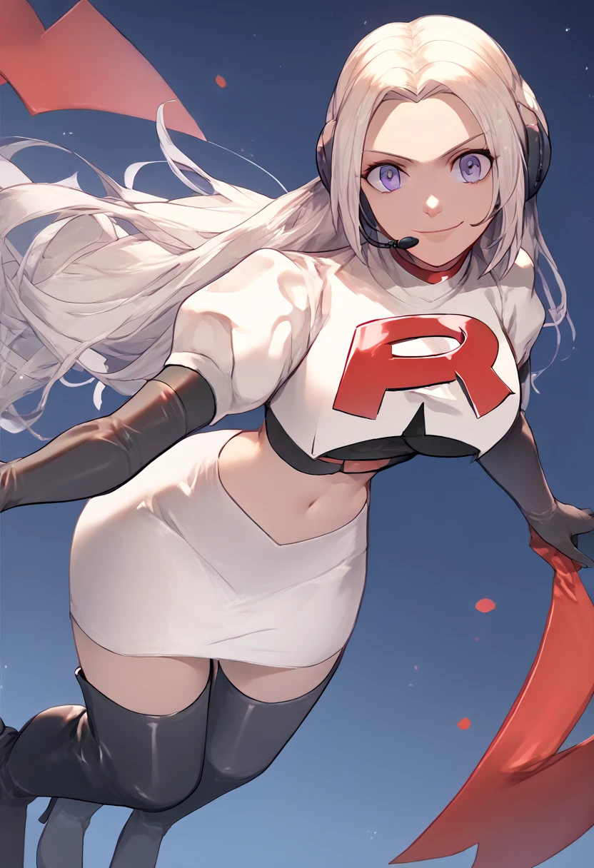 Team rocket, team rocket uniform, red letter R, white skirt,white crop top,black thigh-high boots, black elbow gloves, evil smile, night sky background, headset, large breasts, high-heeled boots, Edelgard, white hair, purple eyes