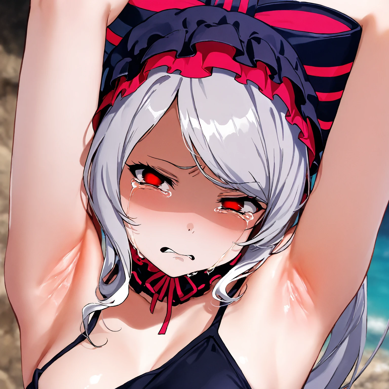 (Masterpiece, HDR, 4k, High Quality) 1girl, Shalltear Bloodfallen, flowing silver hair, (wearing red and black bikini, tank top), The girl's eyes are a sharp red (Scared Expression, Crying, Disgust Expression), (focus armpits, zoom armpits, show armpits, Detaildd Armpits, Armpits Crese, More ZOOM ARMPITS, Perfect Armpits) The background is simple with a neutral gray color.
