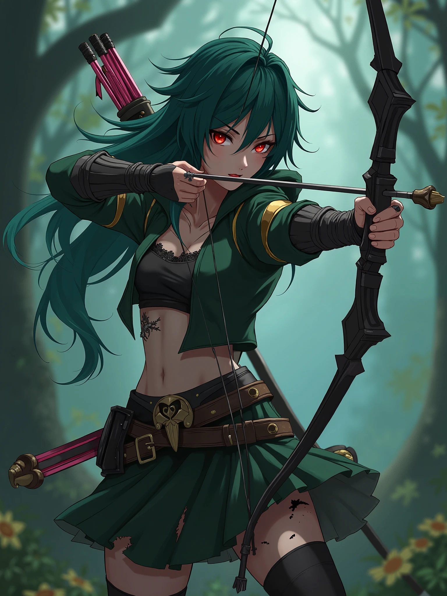 multicolored hair(brown hair, purple hair, red hair, dark blue hair), messy hair, floating hair, goggles on headwear, long pointy ears, modern, sparkle, textured skin, masterpiece, accurate, super detail, best quality, highres, high details, Swinging a whip, hunting with a whip, in the forest, Wears green clothing, leather armor, leather boots