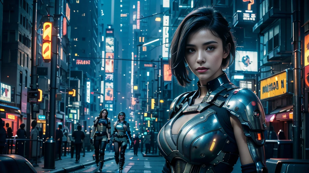 masterpiece, high res,8K,(Portrait Photos:1.5),(R Original Photo),Reality,Digital Photography,( cyberpunk), Future Cities ，beautiful 20 year old woman，Short hair，Keep your mouth shut， big breasts ， post-apocalyptic scene， upper body photography ，Beautiful 20 year old woman in openwork mecha suit 