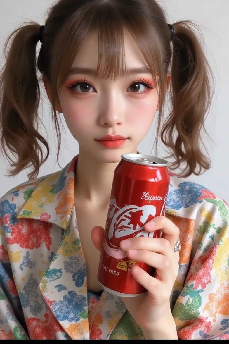 a lady is making a crazy face in the photo showing a can of soda, 1girl, solo, looking at viewer, twintails