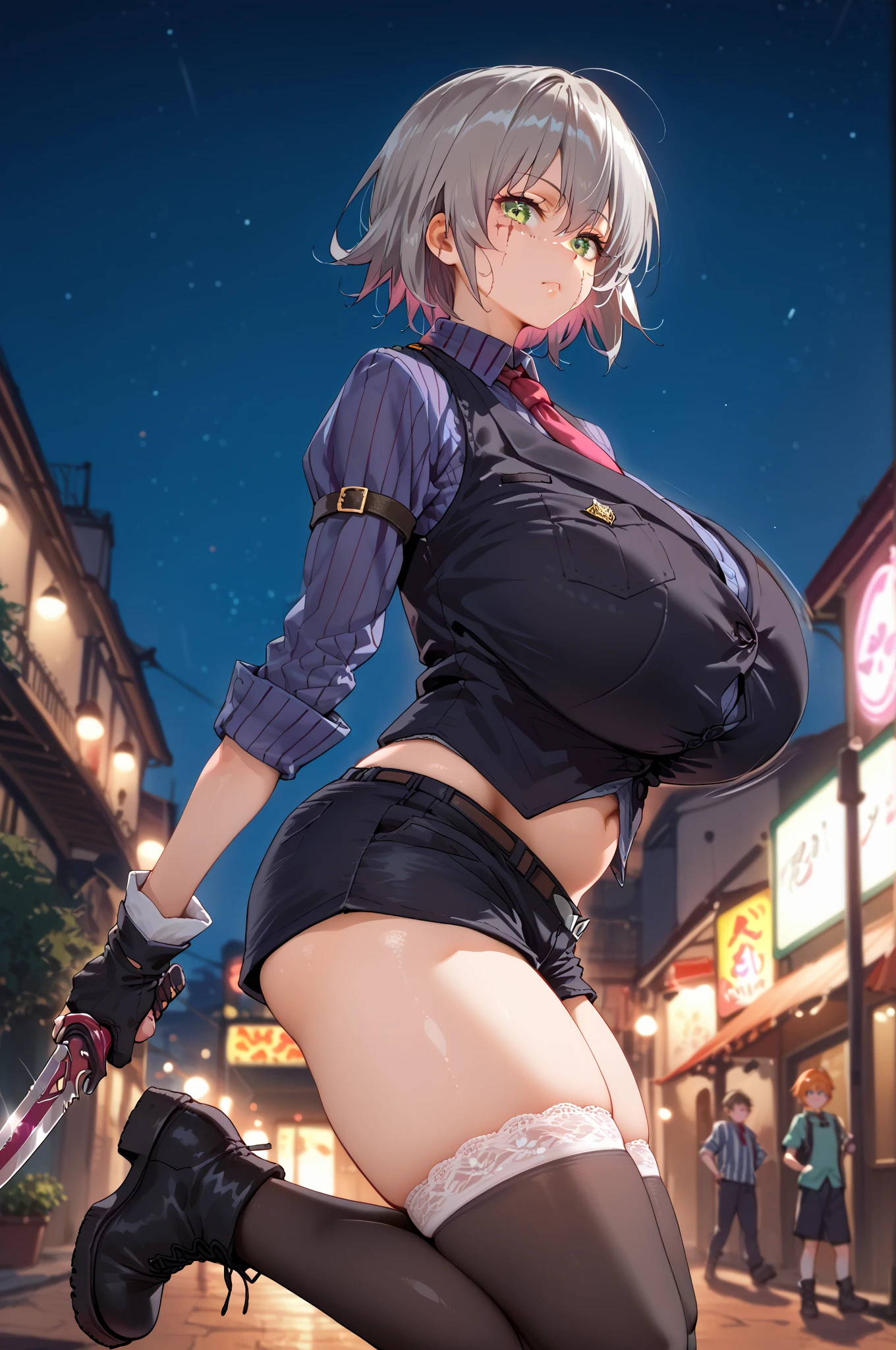 side view, breast focus, high speed, high speed道路 , night,  neon light,  Dark Sky , Movement,  motion blur,  dynamic angle, whole body, ブレ,  depth of field, Foraging ,  dynamic pose ,   in tke sky, jumping, expressive, Expressive, tall women, steamy, standing, 1girl,short hair, grey hair, green eyes, scar on face, scar on cheek, scar across one eye, thighhighs, shorts, vest, black vest, shirt, striped shirt, vertical-striped shirt, boots, lace-up boots, arm belt, necktie, gloves,, Holding a knife, mature female,  expressionless face,
 1 girl in uniform, Improve, 1 person,  gigantic breast, sagging breast,   huge breasts,  huge breasts,  score_9_up,  score_8_up,  score_7_up, masterpiece,  are extremely beautiful, 