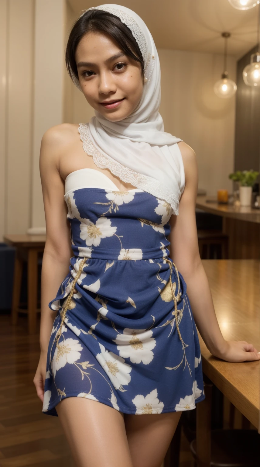 Malay girl with white hijab standing in hipster cafe, happy, smiling, nighttime, wearing blue Floral Ruched lace Strapless short dress, white high sneakers, professional lighting, blur background, cool ambient, bokeh, small breast, small waist, small head, skin spots, acnes, skin blemishes, short petite body, wide hips, thick thighs, long leg, thick leg, sexy pose, bright lighting, mole below eyes, skin spots, acnes, skin blemishes, age spot, detail skin texture, skin detail, skin wrinkle detail, dark brown skin, gold necklace, 4k, high quality, ultra detail, show armpit, hairy armpit, armpit hair, dark armpit, hairy armpit,