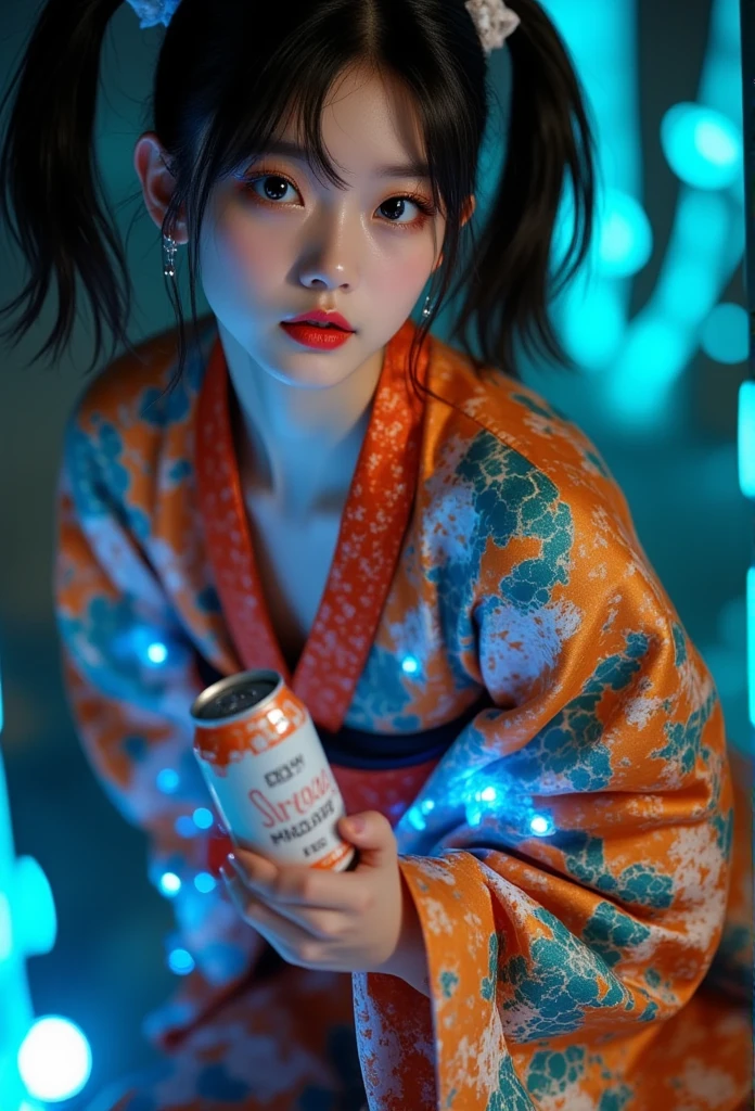 Taking a break on an illuminated platform, a lady is making a crazy face in the photo showing a can of soda, 1girl, Alone, looking at viewer, twintails