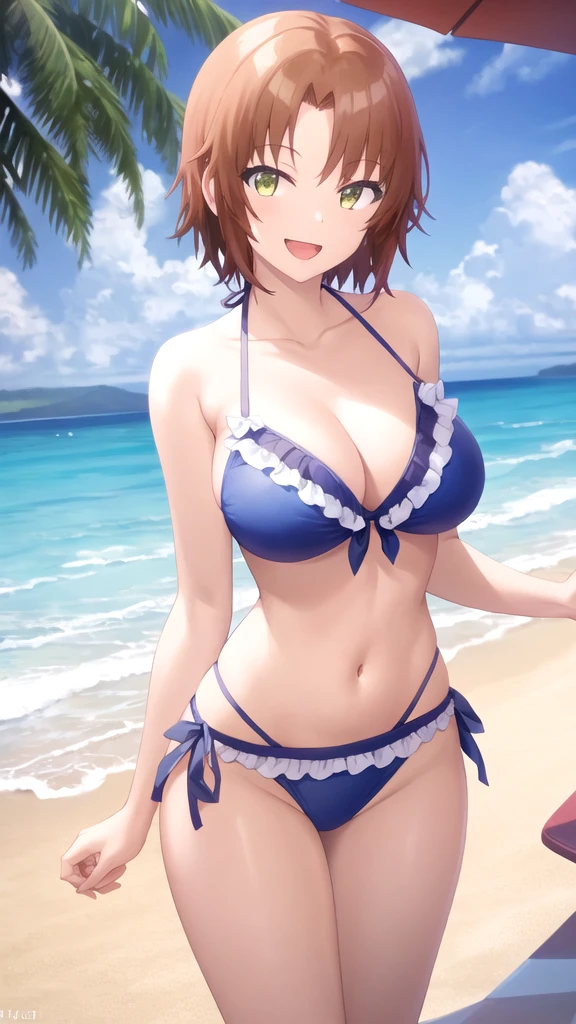 masterpiece, best quality, girl, solo, looking at viewer, tetsuhiko_kai, large breasts, frilled bikini, beach, standing, smile, open mouth,