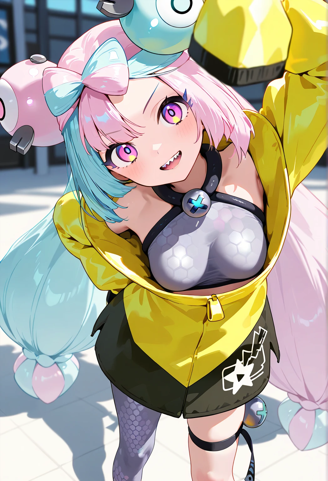 ultra realistic photo, raw photo, Realism, 3D rendering, Unity Engine, holographic,1girl,fairy,pokemon iono,blue hair,bow-shaped hair,character hair ornament,hair ornament,long hair,low-tied long hair,multicolored hair,pink hair,sharp teeth,split-color hair,twintails,two-tone hair,(pink eyes:1.5),|| asymmetrical legwear,bell,bow-shaped hair,character hair ornament,hexagon print,oversized clothes,pantyhose,single leg pantyhose,split-color hair,jacket,(yellow jacket:1.5)、 medium chest 、 cute pose、 throw kiss、((unzipping、 down blouse for the morning))、 see-through