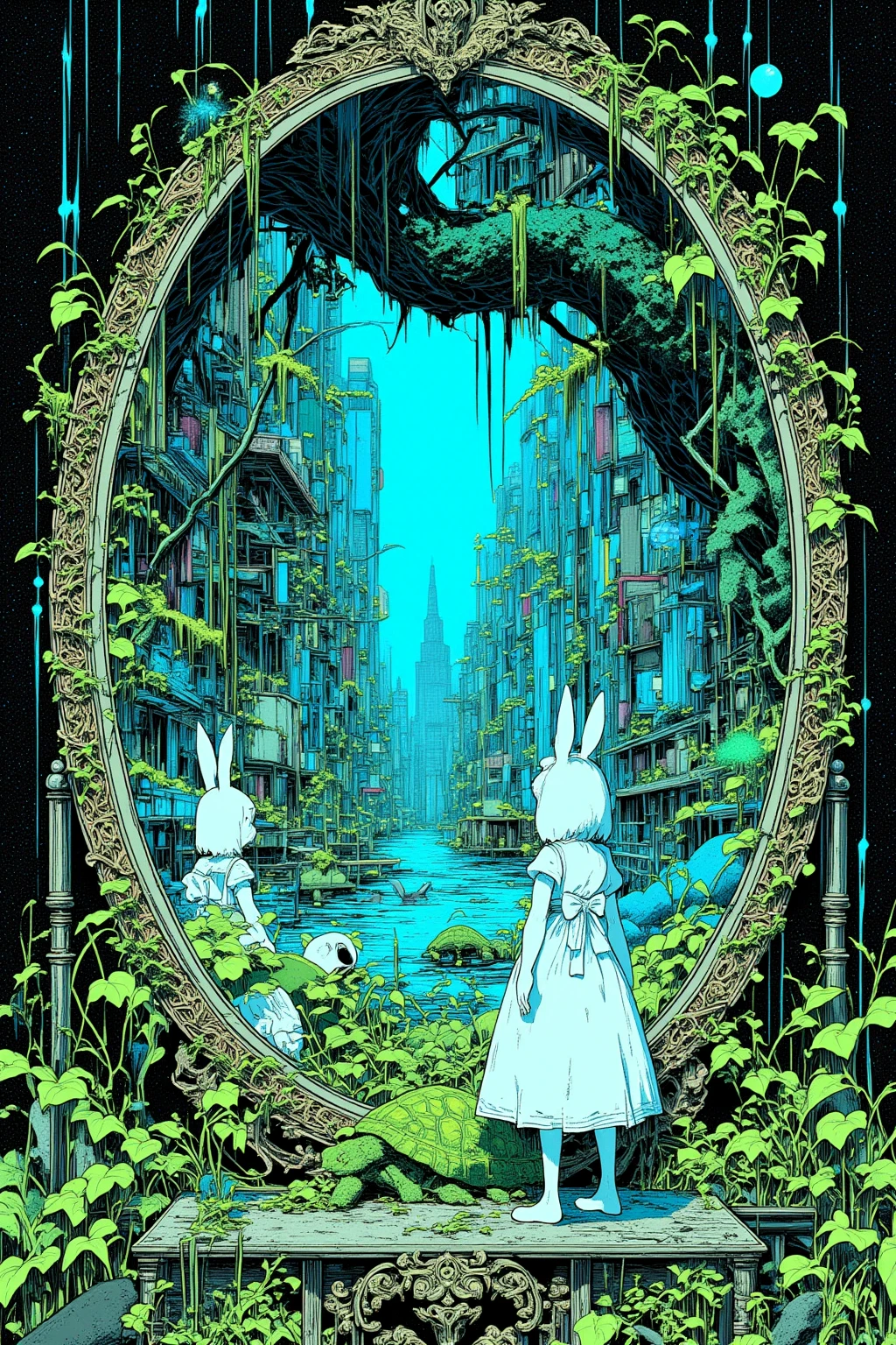  Alice in Wonderland,Moss and Stone Art 、Hallucinatory Art 、 dmt Death of Ego 、 Psychedelic Horror 、 Highly Detailed Visionary Art 、 DMT Egodes 、 Shamanic Fears 、LSD art,White Rabbit,light blue,city,Poisonous Plants , Poison and Disney Mix ,Full-length mirror,Queen of Hearts