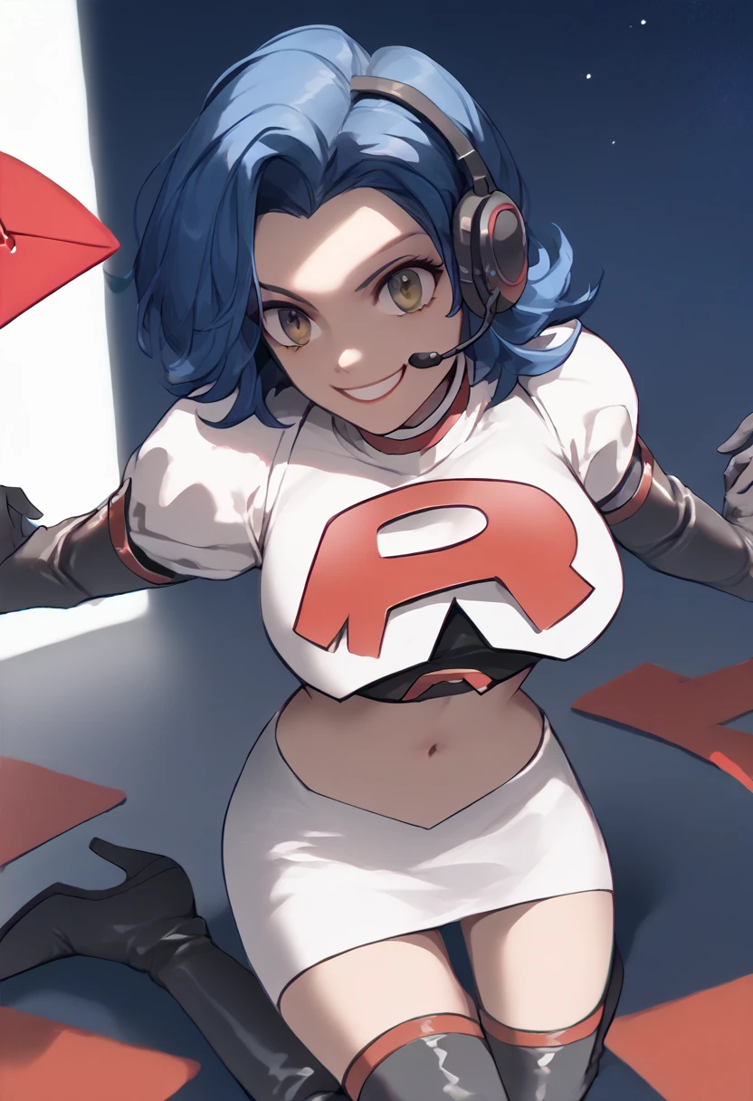 Team rocket, team rocket uniform, red letter R, white skirt,white crop top,black thigh-high boots, black elbow gloves, evil smile, night sky background, headset, large breasts, high-heeled boots, guernica, blue hair, brown eyes