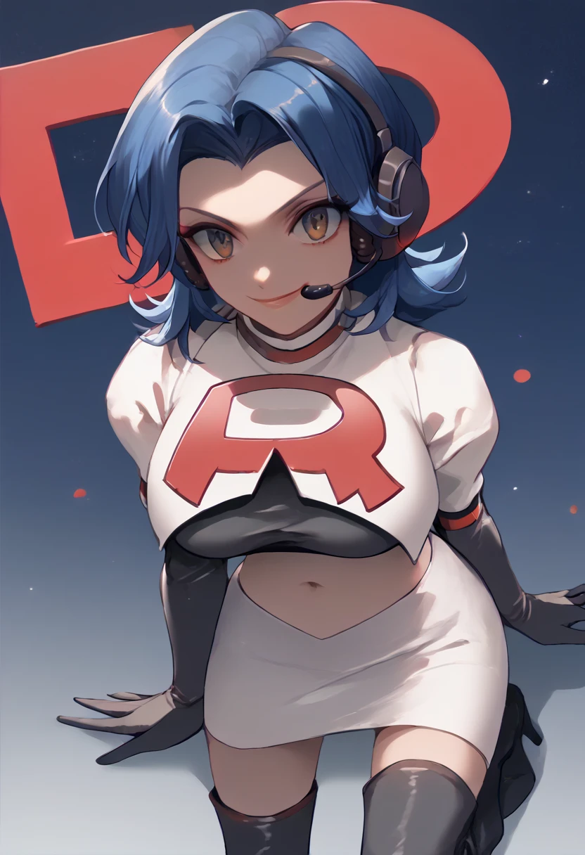 Team rocket, team rocket uniform, red letter R, white skirt,white crop top,black thigh-high boots, black elbow gloves, evil smile, night sky background, headset, large breasts, high-heeled boots, guernica, blue hair, brown eyes