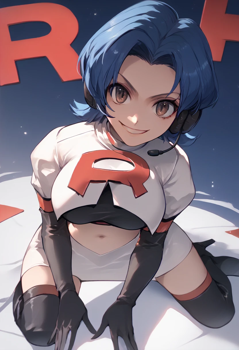 Team rocket, team rocket uniform, red letter R, white skirt,white crop top,black thigh-high boots, black elbow gloves, evil smile, night sky background, headset, large breasts, high-heeled boots, guernica, blue hair, brown eyes