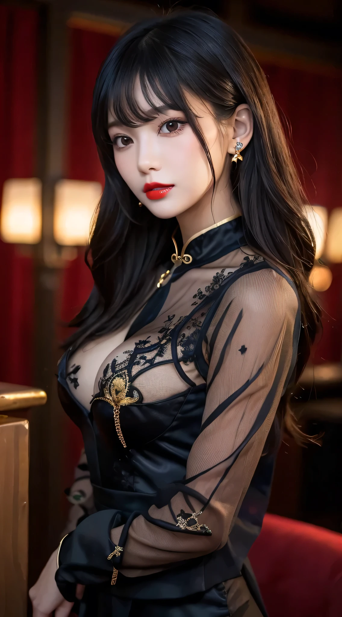 tra-detailed、Japanese、attractive beauty、seductive adult woman、pretty woman、piercing eyes、cool girl、wavy hair、swept bangs、Long Black and Gold Cheongsam、wide sleeves、Evil cadres、evil depravity、brainwash、mind control、lipstick、lip gloss、dark makeup、smirk、whisper in your ear、Evil expression、evil、hollow eyes,half-closed eyes、empty eyes、evil、church at night、vampire、succubus、vampire、Swear allegiance、sexy pose、hair ornaments、