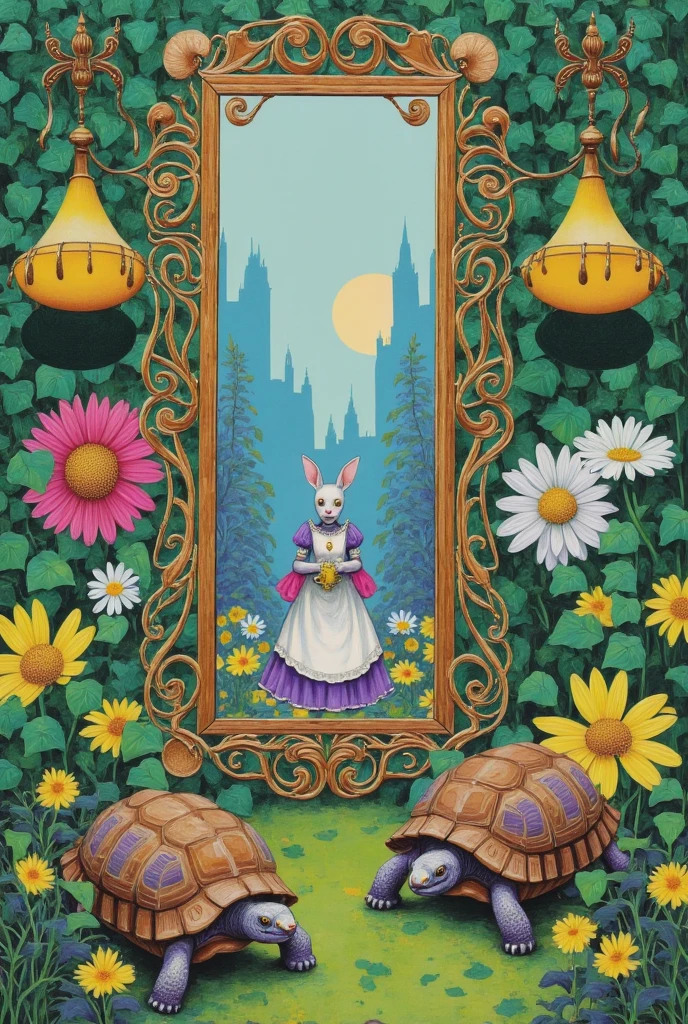  Alice in Wonderland,Moss and Stone Art ,
Hallucinatory Art ,dmt Death of Ego ,Psychedelic Horror 、 Highly Detailed Visionary Art ,DMT Egodes ,Shamanic Fears ,LSD art,White Rabbit,city,Poisonous Plants , Poison and Disney Mix ,Full-length mirror,Queen of Hearts, purple sky