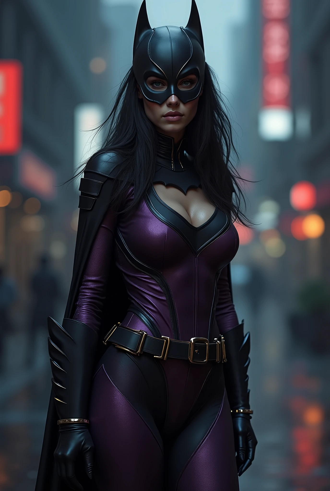 ((masterpiece,best quality)), Anne Hathaway，full body shot,absurdres,large breasts,(cleavage),pink glossy lips,artgerm
Huntress_JLU, cape, black and purple latex,mask,sinRevealingBikini,skindentation,sweaty,oily skin,shiny skin,nipple bulge,(cameltoe),(abs:0.5),
on top of a building,night sky and city lights in background, rain, cinematic composition, (dynamic pose), 