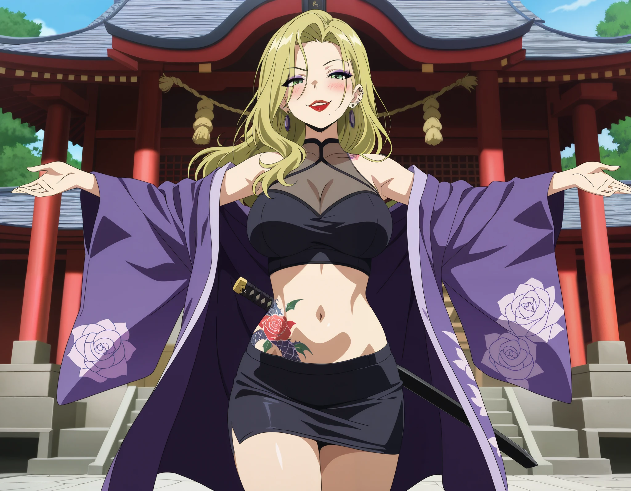 KJOsayo, long hair, blonde hair, green eyes, , mole under mouth, purple eyeshadow, long hair, 1girl, earrings, red lips, large breasts, ear piercing, long hair, blush, lipstick,Hot girl, baddie, smoking, sensual, attractive , masterpiece, best quality, highly detailed, a anime girl in kimono dress ,holding sword, bare
shoulder,open kimono, evil smile, open mouth, crop top , (nsfw) not safe for work, smile, ecchi anime
style, anime girls, ecchi style, ecchi, digital anime art!!, in anime style, official artwork, visual novel cg,
beautiful anime girl, anime style 4 k, kimono pencil skirt, exposed belly, exposed navel,
exposed midriff, exposed lower belly, outdoor, japanese architecture, temple, tattoo on body, dragon tattoo, tattoo midriff, rose tattoo,, open arms sideway, arms T-pose, smirk, standing, anime girl T posing
