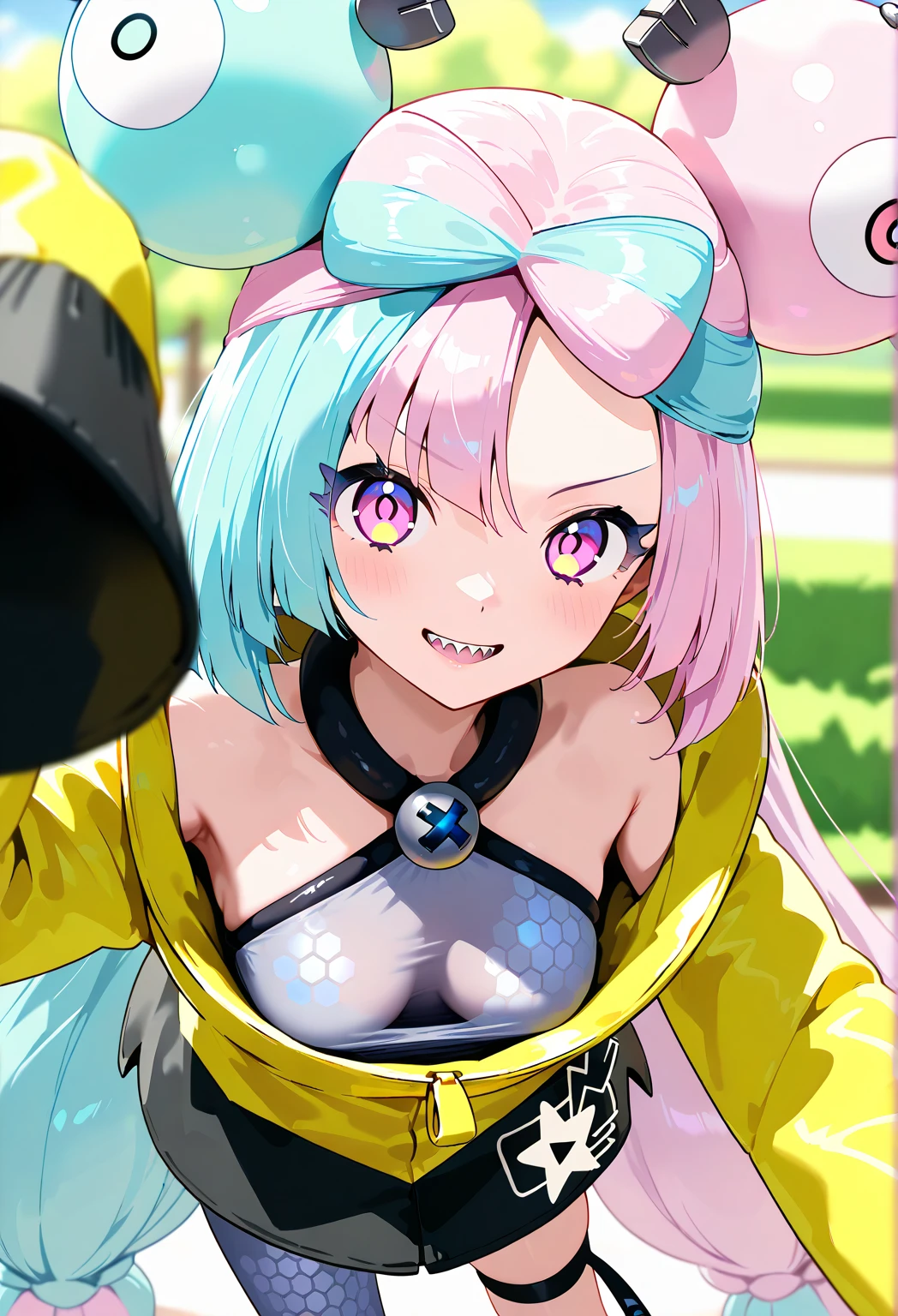 ultra realistic photo, raw photo, Realism, 3D rendering, Unity Engine, holographic,1girl,fairy,pokemon iono,blue hair,bow-shaped hair,character hair ornament,hair ornament,long hair,low-tied long hair,multicolored hair,pink hair,sharp teeth,split-color hair,twintails,two-tone hair,(pink eyes:1.5),|| asymmetrical legwear,bell,bow-shaped hair,character hair ornament,hexagon print,oversized clothes,pantyhose,single leg pantyhose,split-color hair,jacket,(yellow jacket:1.5)、 medium chest 、 cute pose、 throw kiss、((unzipping、 down blouse for the morning))、 see-through、Wink