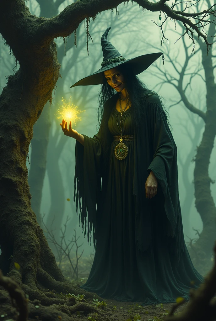 evil old lady with powers looking down 

