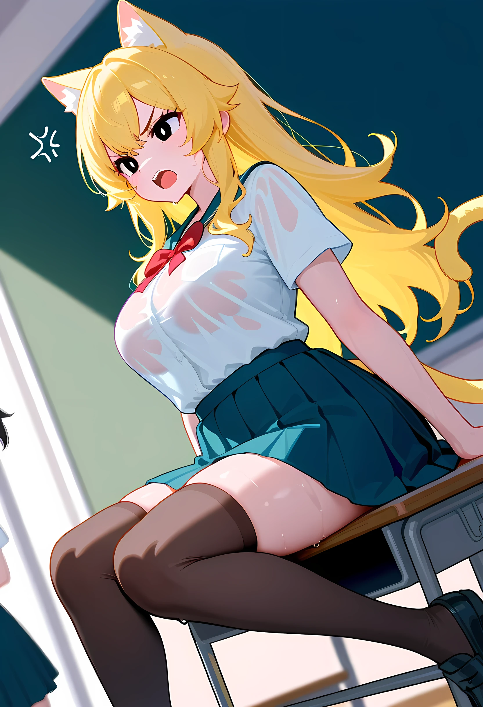 1girl,solo,(school uniforms:1.6),miniskirt,dark skin,(PrincessPeach), (Princess Peach), blue eyes, choker, makeup, glossy lips, pink lips,smirk,glossy skin,(oily skin), open clotch,wide hips, curvy, siting, school toilet, bathroom, spread legs,(finger spread pussy:1.4),pussy, indoor, looking down, from below, spread legs,cum in pussy,