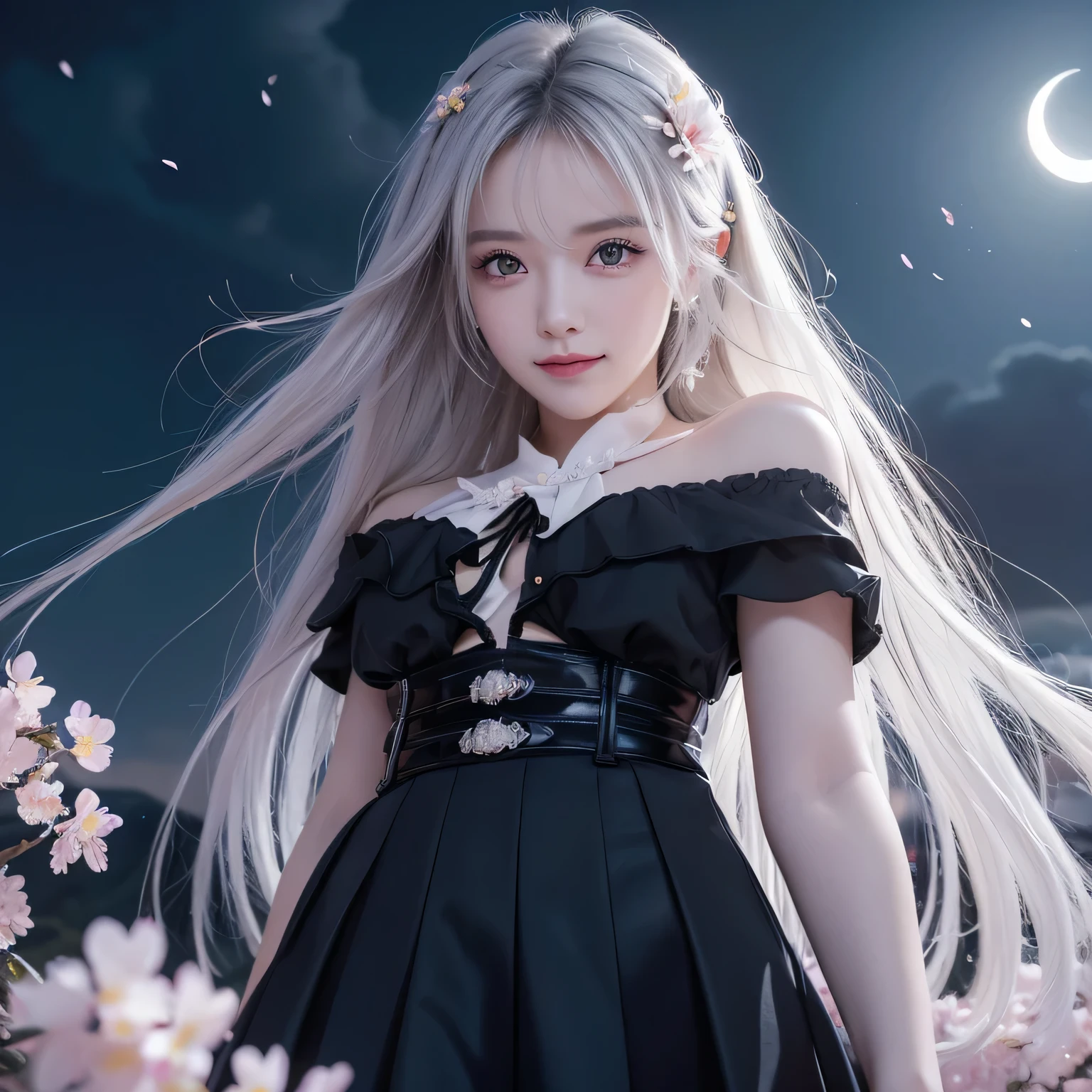 masterpiece,  is the best quality, 1 Girl, ( Colorful ),( beautifully detailed eyes {x} detailed eyes and detailed face),cinematic Lighting,bust, extremely fine CG unity 8k wallpaper,White hair, unique , Smile,Complex skirt,((Flying petals)),( blooming meadows) Sky, partly cloudy_Sky, architecture, moonLight, moon, night, (Dark theme:1.3), Light, fantasy,