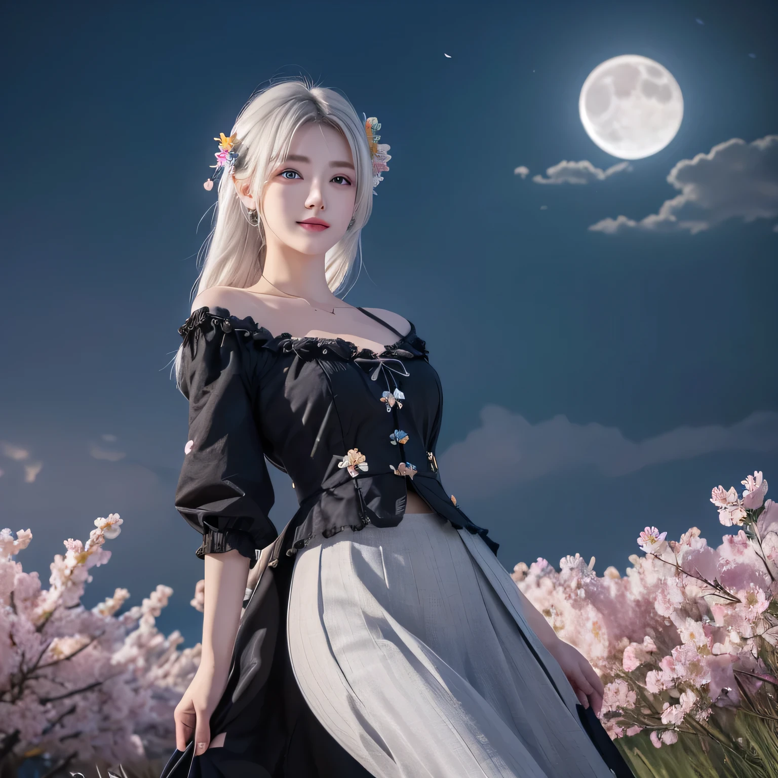 masterpiece,  is the best quality, 1 Girl, ( Colorful ),( beautifully detailed eyes {x} detailed eyes and detailed face),cinematic Lighting,bust, extremely fine CG unity 8k wallpaper,White hair, unique , Smile,Complex skirt,((Flying petals)),( blooming meadows) Sky, partly cloudy_Sky, architecture, moonLight, moon, night, (Dark theme:1.3), Light, fantasy,