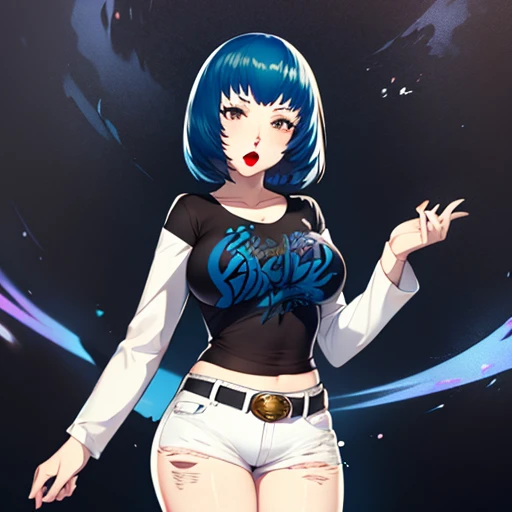 Guernica, blue hair, 1girl, solo, standing, black t-shirt, white shirt, blue jeans, belt, lipstick, large breasts