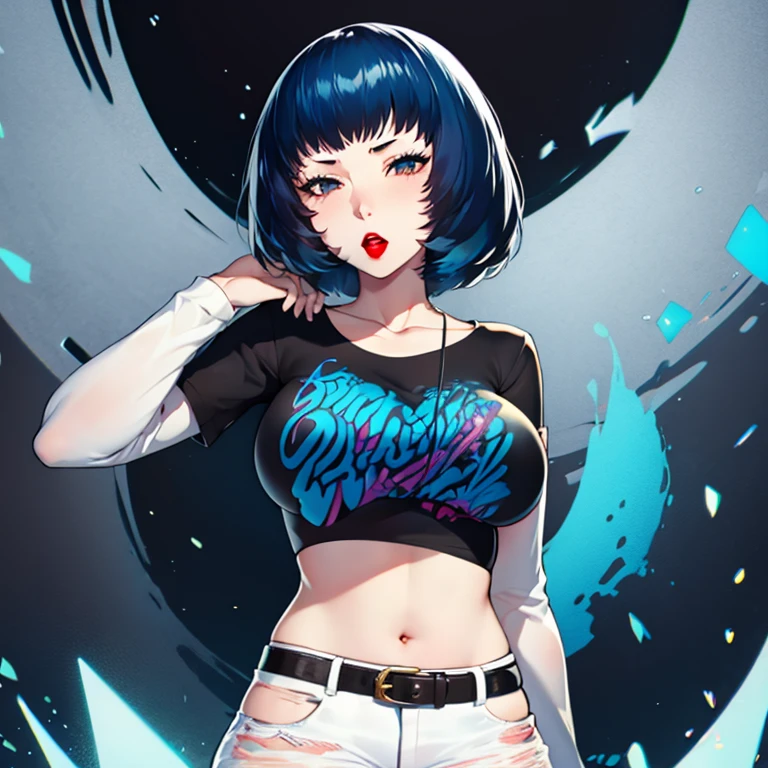 Guernica, blue hair, 1girl, solo, standing, black t-shirt, white shirt, blue jeans, belt, lipstick, large breasts