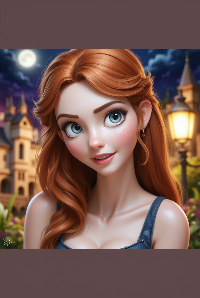 Ultra-realistic full-face photorealistic image of a goddess, 35 year old milf with a beautiful face and deep blue eyes and a charming chin cleft that captivates anyone who meets her. Her ornate light red hair falls gracefully over her shoulders., framing your face elegantly. Full lips paint a smile. Your face is adorned with one or more blemishes, adding a touch of mystery and charm. Light freckles add fun, natural look for your appearance, giving you an aura of freshness. Your beauty is a harmonious mix of unique and captivating features, making you irresistibly attractive. - Immerse the viewer in the extravagant charm of a visual, purposely avoiding direct eye contact with the camera, focusing to the right. The model, dressed in bold makeup, has a captivating expression and a mix of seductive mystery.