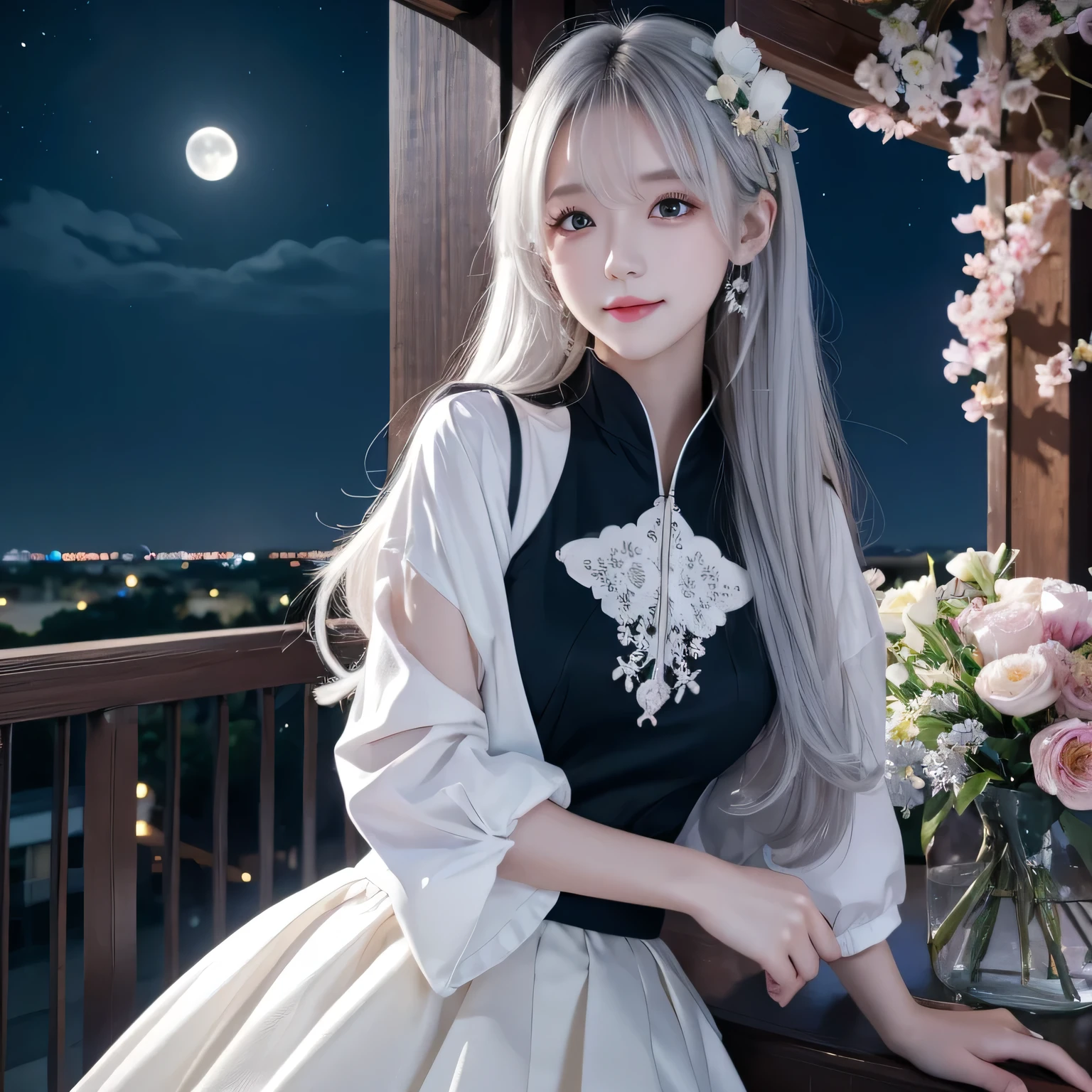 masterpiece，  is the best quality， 1 Girl， （ Colorful ），（ Detailed eyes and a detailed face），Cinematic Light，bust， extremely fine CG unity 8k wallpaper，White hair， Unique ， Smile，Complex skirt，（（Flying petals）），（ blooming meadows） Sky， partly cloudy_Sky， architecture， moonLight， moon， night， （Dark theme：1.3）， Light， fantasy，