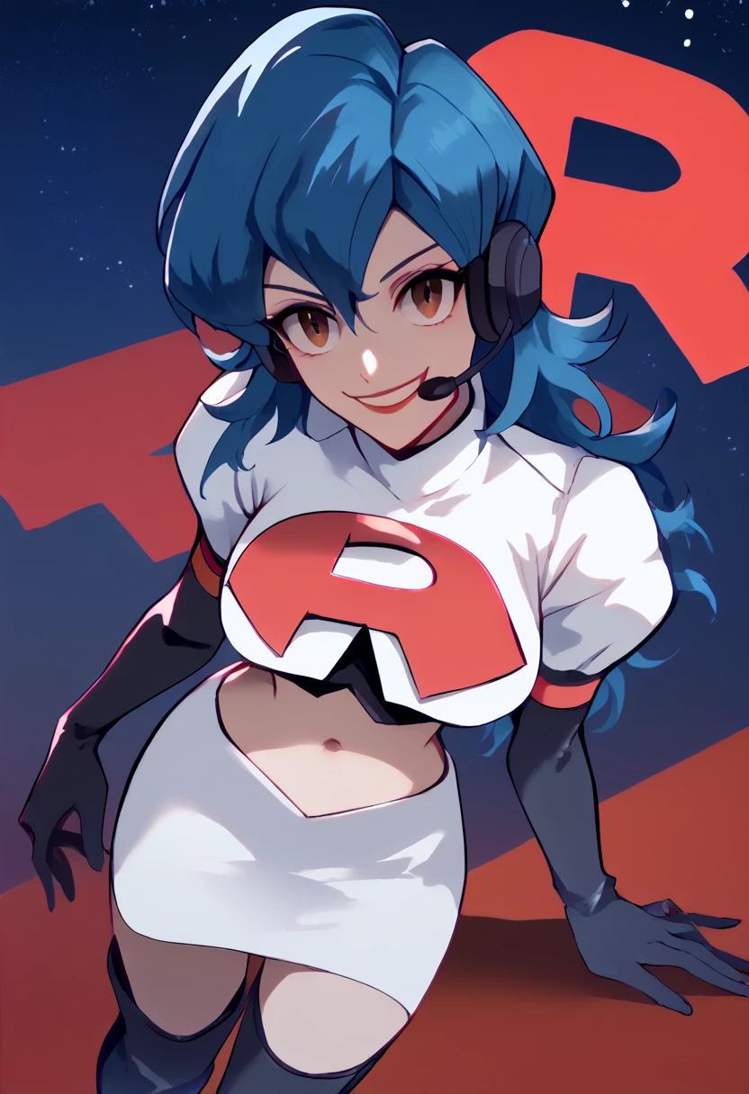 Team rocket, team rocket uniform, red letter R, white skirt,white crop top,black thigh-high boots, black elbow gloves, evil smile, night sky background, headset, large breasts, high-heeled boots, guernica, blue hair, brown eyes